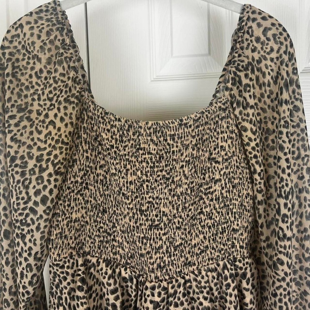 Entro Leopard Print Smocked Romper Long Sleeve Tiered Ruffle Mini Size M - Picture 2 of 7